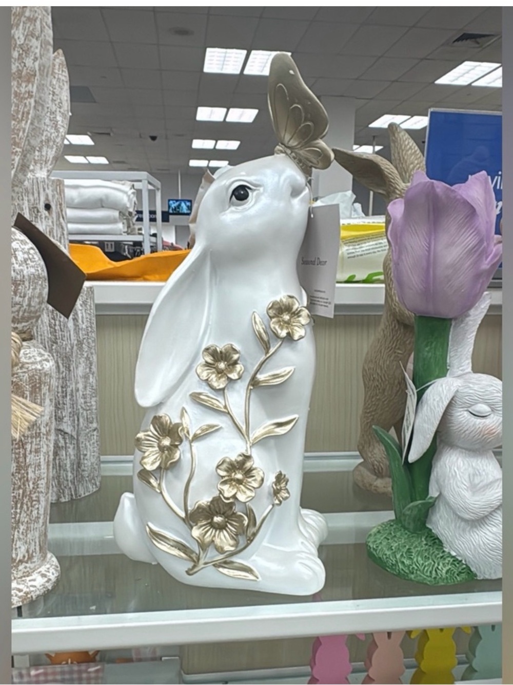 Decorative White Ceramic Bunny Figurine with Gold Floral Accents